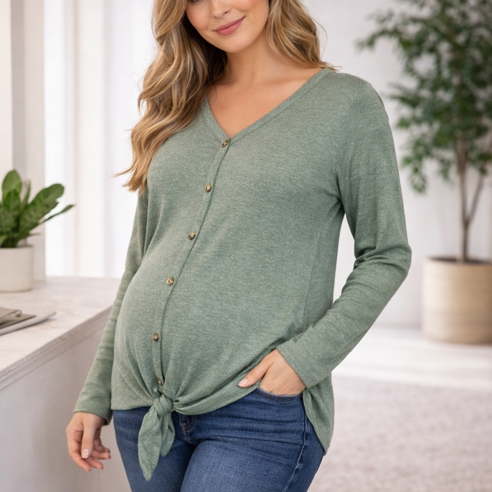 Sonoma Sage Tie-Front Button‎ V-Neck Maternity Top Casual L